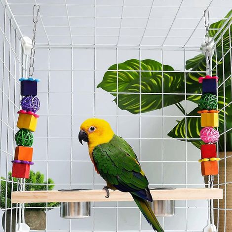 Mangeoire suspendue pour perroquets, gamelles, jouets à mâcher et distributeur de nourriture pour oiseaux (1/4)