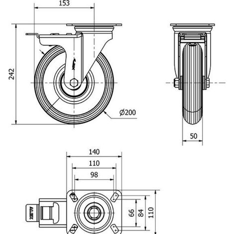 rueda giratora placa freno 10zvfd200-rilr metalico-neumatica gris rodillos