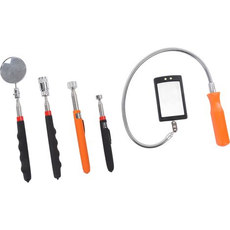 Ensemble de 5 outils de ramassage magnétique télescopiques, outil de préhension de 5/10 lb, outil de ramassage avec lumière LED de 8 lb et miroir d'inspection rond et carré rotatif à 360°. (1/5)