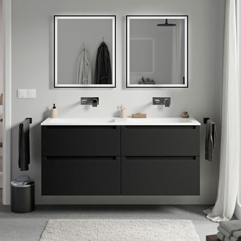 BERNSTEIN - Mueble lavabo doble suspendido MDF lavabo fundición negro mate + blanco mate sin orificio grifería, caj. giratorios 140x46x62cm VIREO Negro mate, Blanco mate sin agujero para grifería