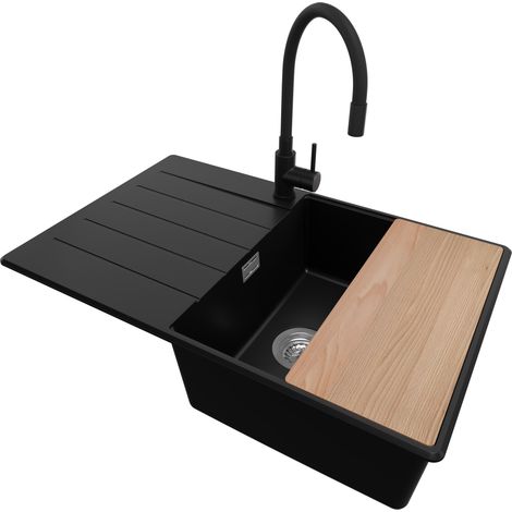 PRIMAGRAN Evier Cuisine en Granit 78x50cm, Lavabo 1 bac + Robinet 40x38cm + Kit de Vidage + Accessoire, Évier à Encastrer au meuble 50cm - Copenhague, Noir (1/5)