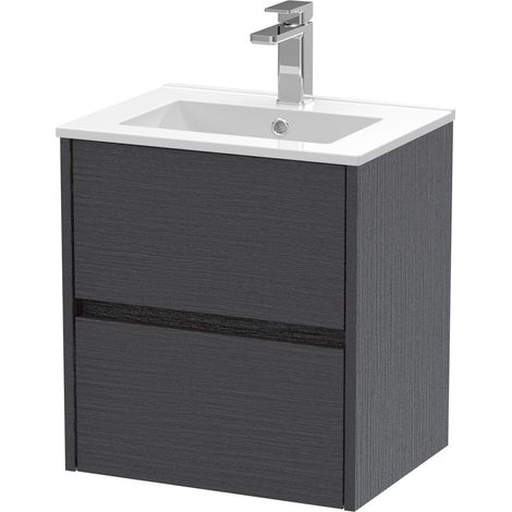 Chartley Contemporary 2 Drawer Wall Hung Vanity Unit with Minimalist Basin, Graphite Grey Woodgrain, 500mm