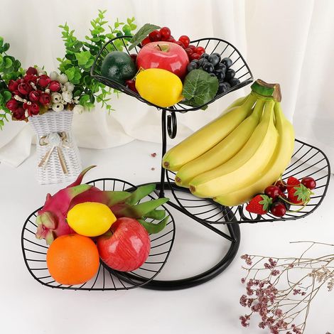 Frutero de hierro de 3 niveles, cesta para frutas, cesta de servir, almacenamiento de frutas, para verduras, pan y frutas en la cocina (hoja de loto, negro) (1/5)