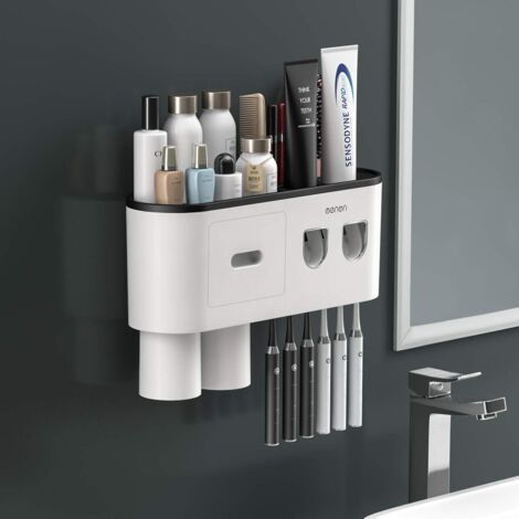 Double Distributeur Automatique de Dentifrice avec Support de Brosse Dents, Grand Organiseur de Rangement avec 6 emplacements pour Brosse à Dents, tiroir de Rangement pour cosmétiques (2tasses) (1/5)