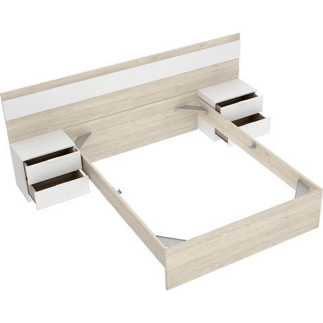 Tête de lit avec 2 tables de chevet , Structure de lit 140x190 cm coloris chêne naturel, blanc - longueur 248 x profondeur 195 x hauteur 96 cm (1/4)