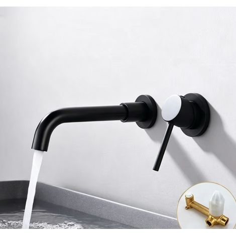 Robinet de Lavabo Encastrable Mural Noir Mat en Laiton - Mitigeur Chaud/Froid Monobloc à Bec Pivotant pour Vasque (1/5)