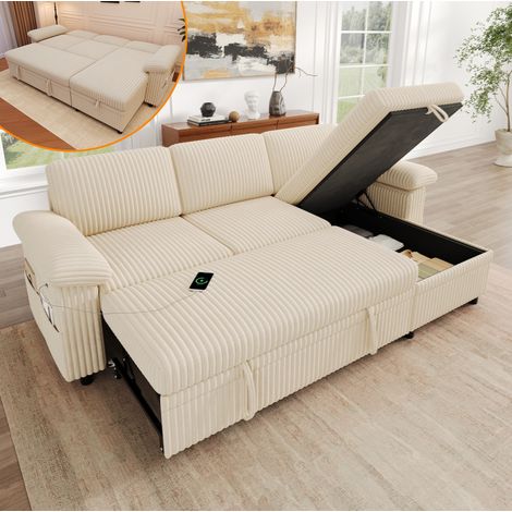 Sofá cama esquinero 3-4 plazas beige de terciopelo acanalado con chaise longue reversible, arcón, puertos USB y Type-C, respaldo ajustable de 5 posiciones – CHICFURN (1/5)