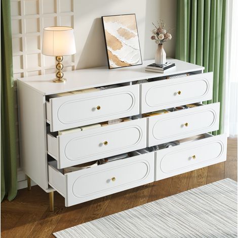 REDOM Aparador 120x40x75 cm, 6 cajones, patas de metal, frentes con cavidades ovaladas, MDF y blanco (1/5)