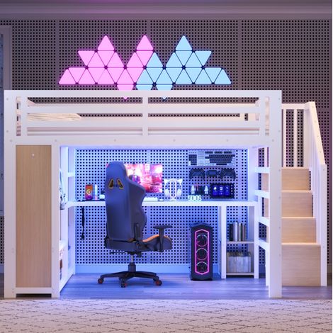 Cama alta metálica 140x200 cm con escritorio, LED, USB, armario abierto y escalera con almacenamiento, blanco (1/5)