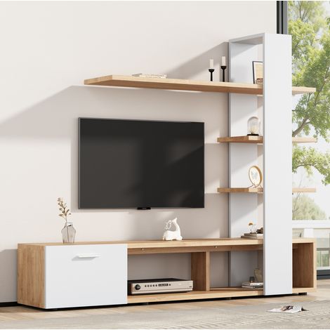 Mobile TV a parete 180 x 33,5 x 151,5 cm bianco e legno con ripiani e anta (1/5)