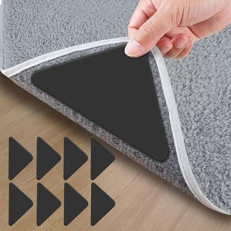 Lot de 8 supports d'angle triangulaires antidérapants noirs pour planchers en bois dur, ruban adhésif double face pour tapis, poignées antidérapantes pour tapis, tapis et moquettes (1/5)