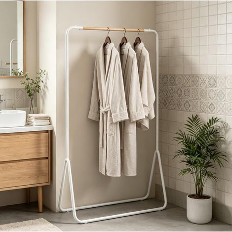 Perchero de pie multifunción de metal blanco con barra de madera 80 x 45 x 145 cm OKMYHOME (1/5)