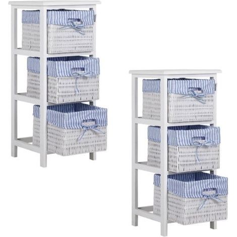 Lot de 2 Étagères salle de bain avec 3 paniers imitation osier blanc style rustique ancien art déco