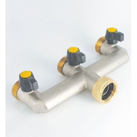 Robinet Triple Sortie 3/4" Entrée Femelle 3/4" Vanne 3 Voies Laiton Raccord Plomberie pour Tuyau Arrosage, Robinet Cuve 1000L, Dis (1/2)
