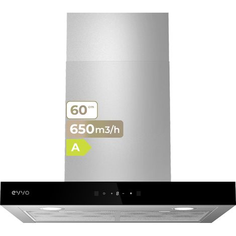 EVVO Campana Extractora Decorativa CE31, Ancho 60 cm, Potencia 650 m³/h, 3 Velocidades, Modo Boost, Táctil con Display, Temporizador Apagado, Luz LED, Eficiencia Energética A, Acabado Inox Borde Negro