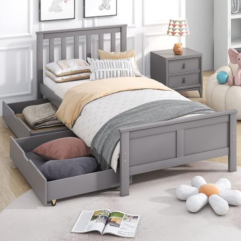 Single wooden bed frame with two drawers, headboard and footboard for bedroom, living room, bed furniture frame for adults, children, teenagers, 0.9 m (grey) (1/5)