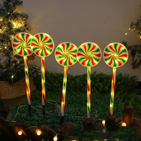 Lot de 5 Lollipop lampes solaires sur piquet en forme de sucette, décorations de Noël, lumières de Noël LED étanches pour les vacances, Noël, allée (1/5)