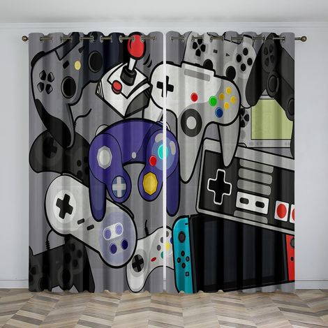 Rideaux à Oeillets pour Chambre d'enfant - Console de Jeu de Dessin animé Gris 79X85 Pouces Rideaux 3D - Rideaux perforés Opaques d'intérieur - Isolation et réduction du Bruit - Applicable à la Chambr (1/5)