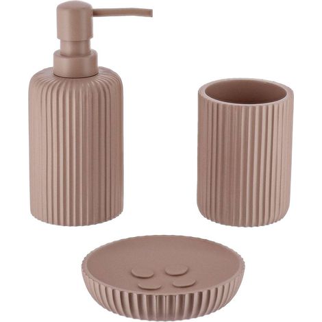 Set gobelet distributeur a savon et porte savon polyresine striee - cappuccino - Tendance (1/2)