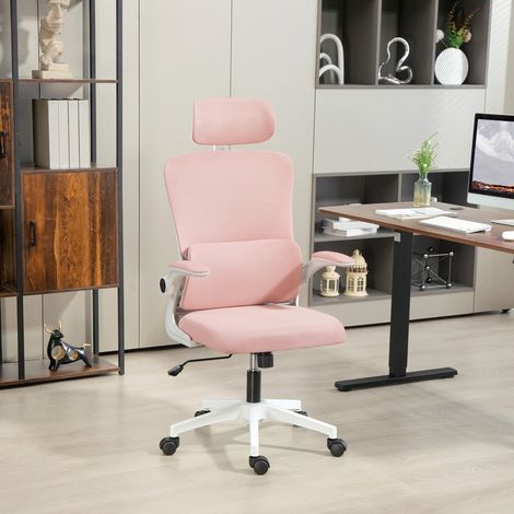 Silla de oficina ergonómica con soporte lumbar, reposabrazos abatibles, reposacabezas ajustable, silla de escritorio giratoria e inclinable de respaldo alto, malla ajustable en altura, color rosa. (1/5)