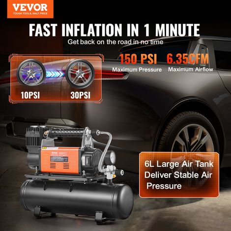 Compresseur d'air robuste 12 V, gonfleur de pneus portable 180 L/min, kit de gonflage de pneus réservoir 6 L, 10,3 bar, avec manomètre numérique, pour camions, voitures, SUV, 4 x 4, camping-car (1/5)