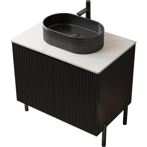 Mobile bagno da terra 76 cm con lavabo in ceramica ovale nero e piano effetto Carrara (1/5)