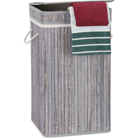 Relaxdays cesto portabiancheria in bambù, pieghevole e portatile XL 70 l con coperchio, quadrato 63 x 36 x 36 cm grigio (1/5)