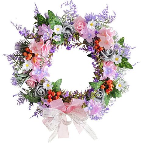 Künstlicher Blumenkranz 40 cm, Schaumstoffrosen, Seidenblumen, grüne Blätter, Lavendelzweige, Frühlings- und Sommerkranz für Haustür, Wand oder Fenster (1/2)