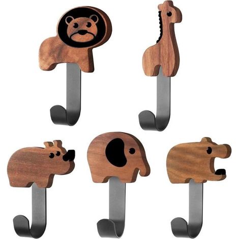 5Pc Porte Manteau Mural Enfant en Forme D'animal Crochets Muraux en Bois de Noyer,Animaux Girafe,Lion,Eléphant,Hippopotame,Rhinocéro (1/4)