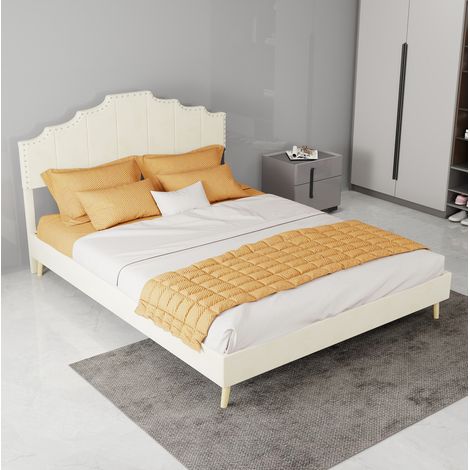 Cama moderna 140x200 cm beige de tela y metal, cabecero geométrico, sin colchón (1/5)