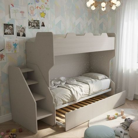 Letto a castello salvaspazio con terzo letto estraibile e scala laterale - Ideale per camerette - Effetto tessuto