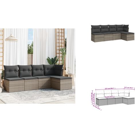 The Living Store Salon de jardin 5 pcs avec coussins gris résine tressée - Meuble de jardin (1/3)