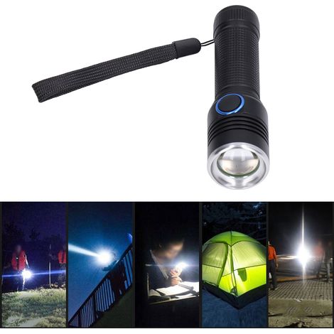 Hochleistungsfähige T6-LED-Taschenlampe mit 2000 lm, drehbarem Zoom, wasserdicht, ideal für Outdoor-Aktivitäten, Reisen, Wandern, Camping und Notfallsituationen zu Hause (schwarz). (1/5)
