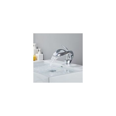 Wasserfall-Badezimmerarmatur, Wasserfall-Waschbeckenarmatur, Wasserfall-Badezimmermischbatterie mit einstellbarem Warm- und Kaltwasser-Einhebel-Keramikventil, Wasserfall-Waschbeckenarmatur (Chrom) (1/5)