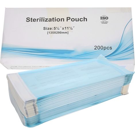 200 sachets auto-obturants jetables pour matériel dentaire (135 x 290 mm) - Pochettes de nettoyage scellables (1/5)