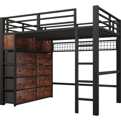 Etagenbett 140x200 cm aus schwarzem Metall mit 8 Schubladen, Regalen, Lochwand und LED (1/5)