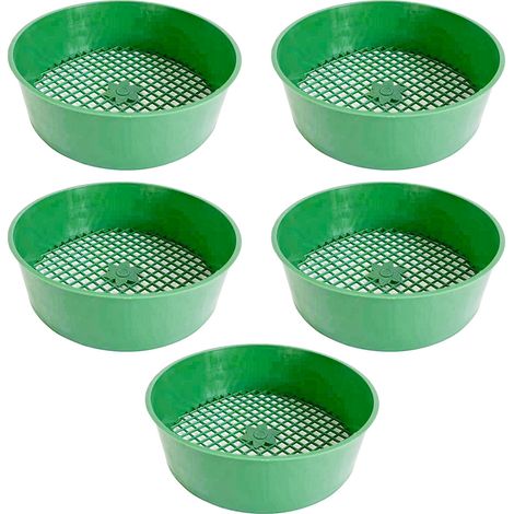 Tamiz para tierra [5 piezas, diámetro 16 cm, tamaño de malla 6 mm], plástico verde, apto para suculentas y filtración de grava. (1/5)