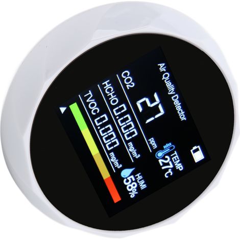 Détecteur CO2 5-en-1 ZN-2CO5 - Moniteur Qualité Air avec Capteur HCHO, Thermomètre et Hygromètre - Blanc (1/5)
