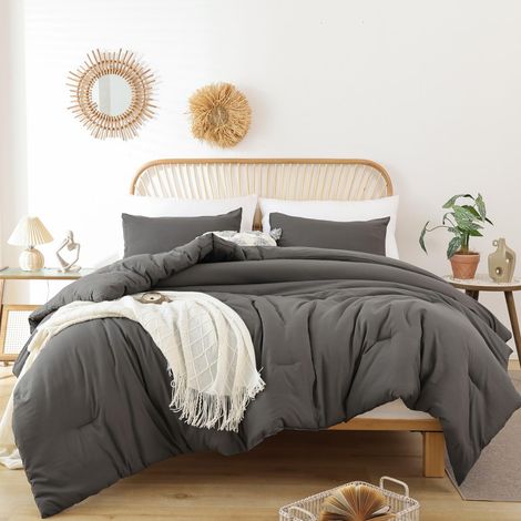 Parure de lit légère pour Filles, garçons, Adolescents, Gris Anthracite, 3 pièces (1 Couette Gris foncé et 2 taies d'oreiller), literie de dortoir légère pour Toutes Les Saisons (1/5)