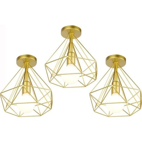 U-Do 3Pcs Plafonnier Luminaire Vintage Lampe Cage en Fer Doré E27 24cm(Ampoule non Inclus) (1/4)