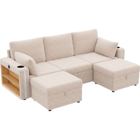Divano modulare a U/L in tessuto beige con 2 pouf contenitore 190 x 130 x 85 cm MODENUIT (1/5)