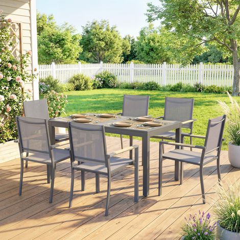 Salon de jardin ensemble 7 pièces table imitation bois 140x80x72cm 6 chaises empilables textilène gris (1/5)