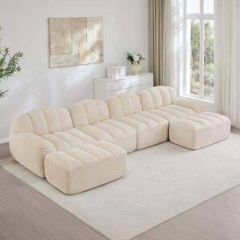 Canapé modulaire en U 4 places beige blanc en fleece granulé avec ottomans (1/5)