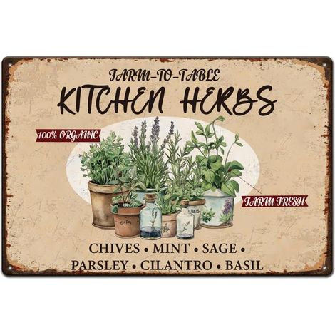 Plaque Metal Vintage avec herbes aromatiques de cuisine, plantes murales en métal, vintage, plantes, en pot, panneaux en métal, rétro, décorations amusantes pour jardin, cuisine, maison (1/5)