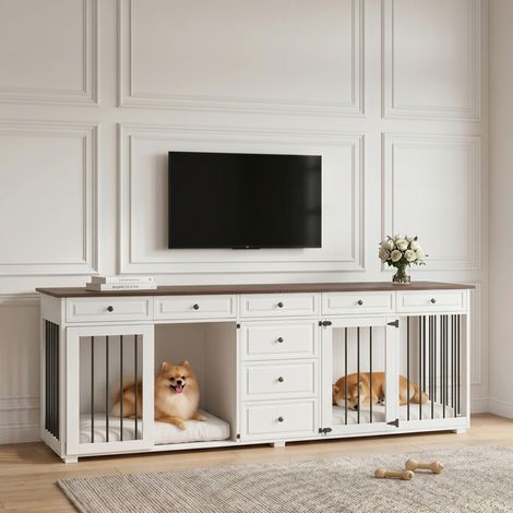 Cage pour chien intégrée au meuble TV, en bois et métal, niche d'intérieur, avec loquets, pour 2 chiens de petite à moyenne taille, structure en noyer et blanc, 200 x 60 x 85 cm (1/5)