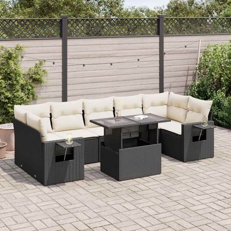 Ensemble Salon Jardin 8 Places Noir Résine Tressée avec Table Réglable et Coussins Crème - Stockage Intégré (1/5)