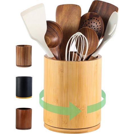 Porte-ustensiles rotatif 360° – Bois naturel – Grand 7,3 pouces – Organisateur de plan de travail – Cuisine (1/5)