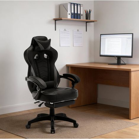 Gaming-Stuhl 56x46x121-128 cm schwarz-grau aus Kunstleder und Metall mit Liegefunktion und ausziehbarer Fußstütze (1/3)