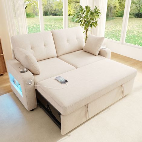 Divano Letto 2 Posti con Luce LED, Porte USB e Tipo C, Vani Portaoggetti, Portabicchieri, Ciniglia Beige (1/5)