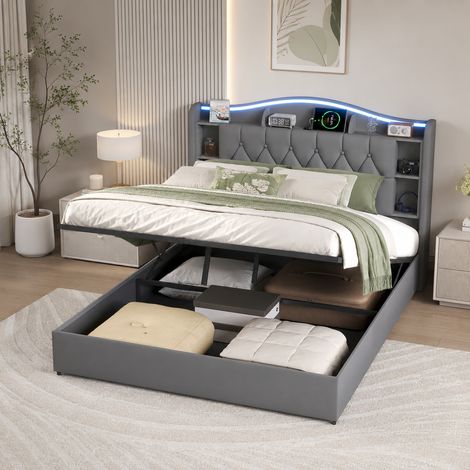 Lit coffre 140x190 cm, lit double en velours avec éclairage led, prises usb, rangement hydraulique, lit adulte avec sommier à lattes, gris (1/5)